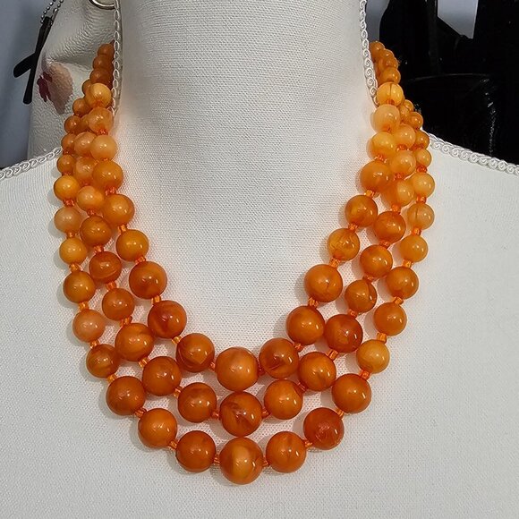Vintage Three Strand Orange Agate Round Bead Gemstone Chunky Statement Necklace - Picture 1 of 4